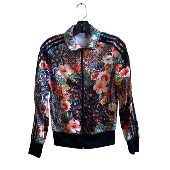 Adidas Womens XS Floral Print Track Jacket With Black Stripes & Trefoil Logo - Picture 1 of 7